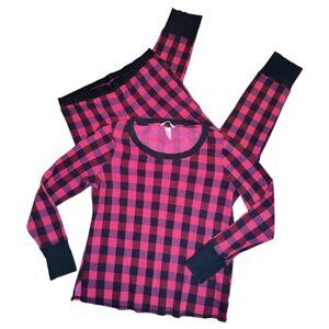 Victoria Secret Waffle Thermal Pink Black Buffalo Check Pajamas 2 Piece Set Sz M